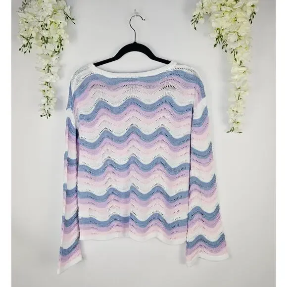 Pastel Wave Open Knit Sweater Large Cottage Y2K Soft Girl Lightweight Coquette - Picture 4 of 12